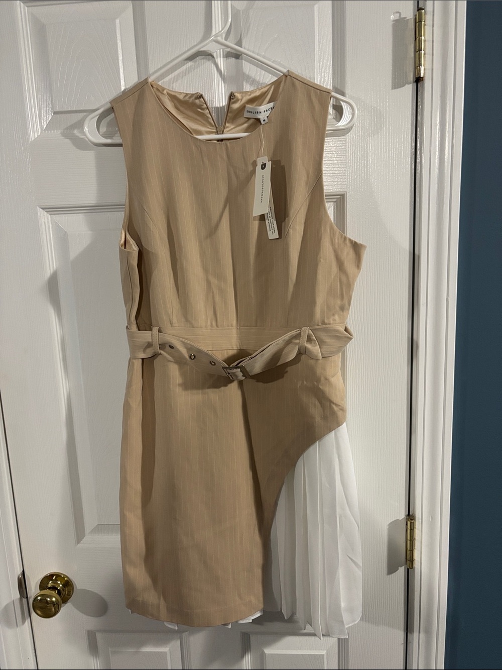 Anthropologie Beige and White Sleeveless Belted Asymmetric Mini Dress